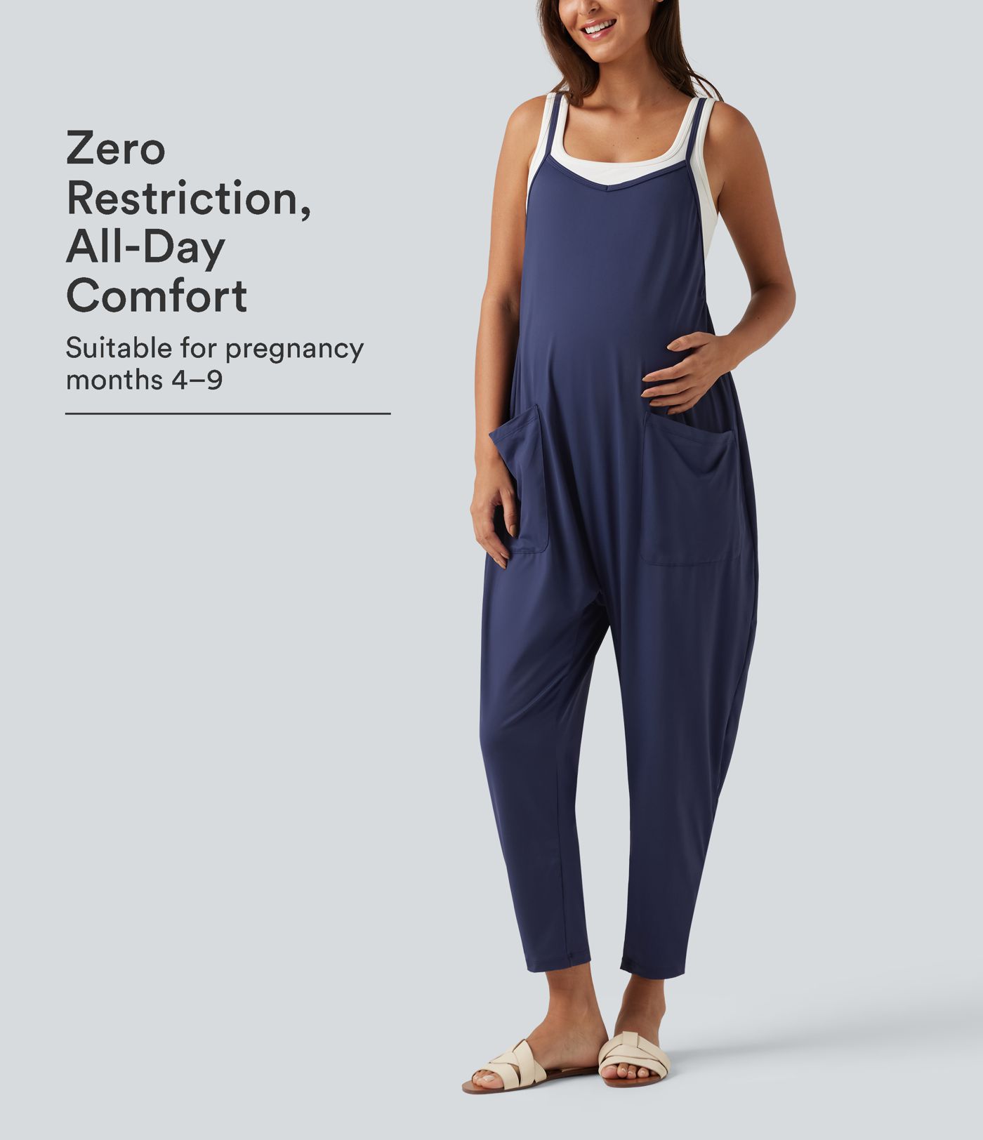 Lässiger, schmal zulaufender Umstands-Jumpsuit mit eckigem Ausschnitt und mehreren Taschen Lässiger, schmal zulaufender Umstands-Jumpsuit mit eckigem Ausschnitt und mehreren Taschen