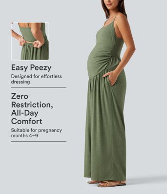 Lässiger, geraffter Umstands-Jumpsuit mit Seitentaschen, integriertem BH und weitem Bein - Easy Peezy Edition Lässiger, geraffter Umstands-Jumpsuit mit Seitentaschen, integriertem BH und weitem Bein - Easy Peezy Edition