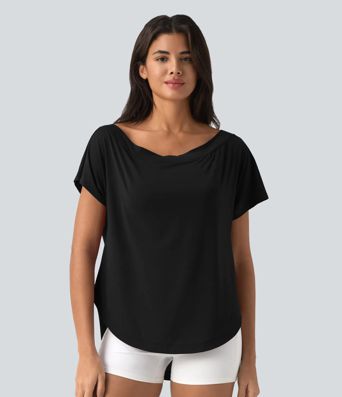 Top de sport yoga asymétrique à épaule dénudée manches courtes ourlet arrondi et coupe asymétrique à séchage rapide – Soutien-gorge intégré Top de sport yoga asymétrique à épaule dénudée manches courtes ourlet arrondi et coupe asymétrique à séchage rapide – Soutien-gorge intégré