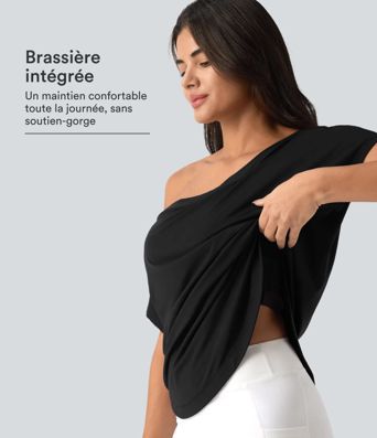 Top de sport yoga asymétrique à épaule dénudée manches courtes ourlet arrondi et coupe asymétrique à séchage rapide – Soutien-gorge intégré Top de sport yoga asymétrique à épaule dénudée manches courtes ourlet arrondi et coupe asymétrique à séchage rapide – Soutien-gorge intégré