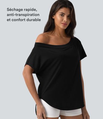 Top de sport yoga asymétrique à épaule dénudée manches courtes ourlet arrondi et coupe asymétrique à séchage rapide – Soutien-gorge intégré Top de sport yoga asymétrique à épaule dénudée manches courtes ourlet arrondi et coupe asymétrique à séchage rapide – Soutien-gorge intégré