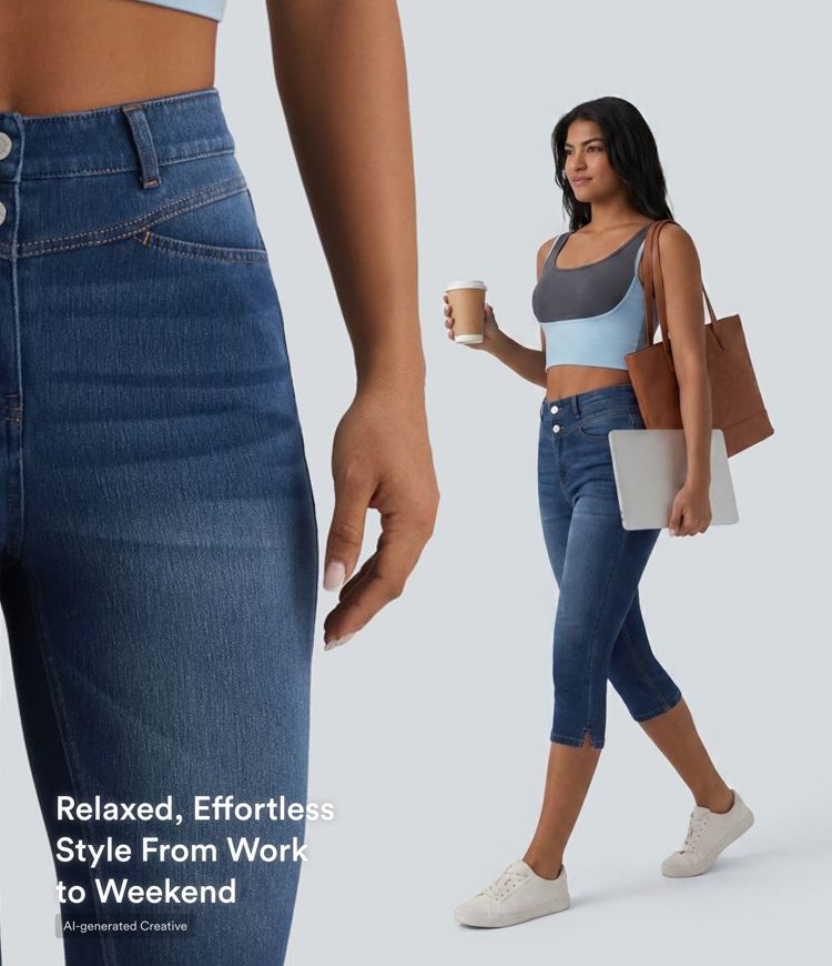 Halara Flex™ Capri-Jeans mit hohem Bund und seitlichem Schlitz – lässig, schlanke Passform, mit Taschen Halara Flex™ Capri-Jeans mit hohem Bund und seitlichem Schlitz – lässig, schlanke Passform, mit Taschen