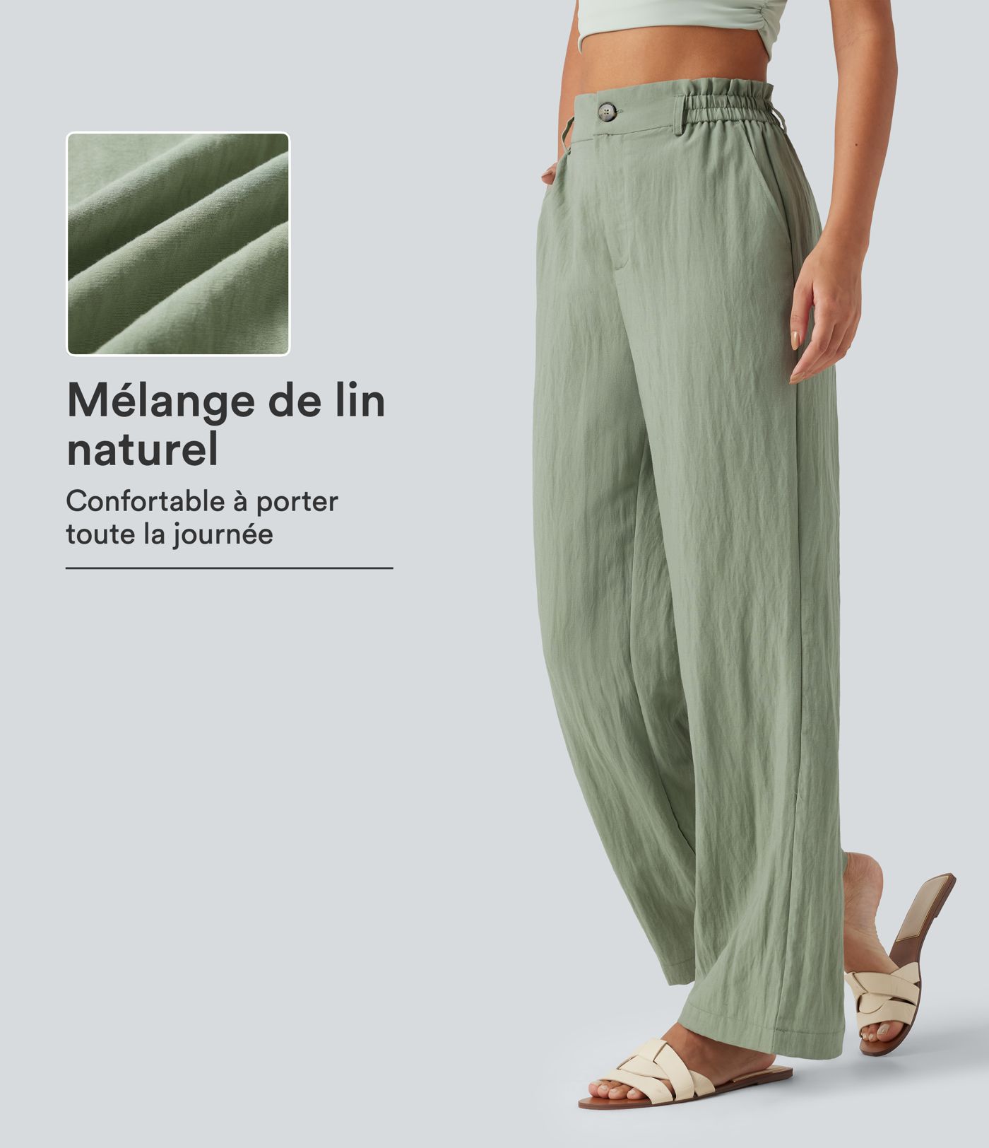 Pantalon décontracté taille haute à jambes larges en mélange de lin avec poches Pantalon décontracté taille haute à jambes larges en mélange de lin avec poches