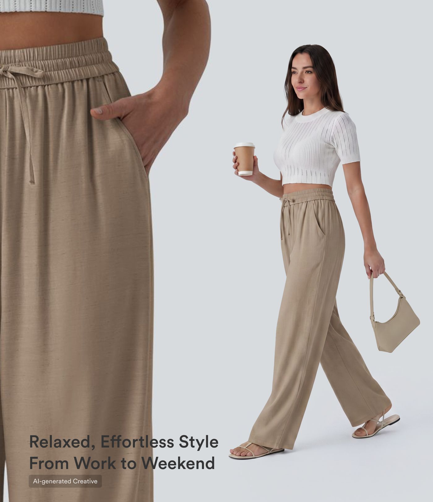 Pantalones casuales de talle alto con cordón, de pierna ancha, en mezcla de lino, con bolsillos Pantalones casuales de talle alto con cordón, de pierna ancha, en mezcla de lino, con bolsillos