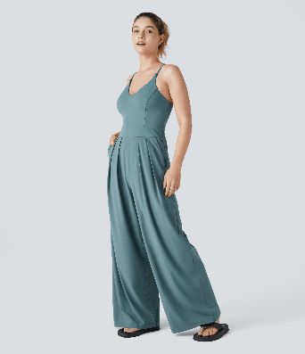 Breezeful™ Backless Side Invisible Zipper Pocket Wide Leg Quick Dry Resort Slip Jumpsuit Breezeful™ Backless Side Invisible Zipper Pocket Wide Leg Quick Dry Resort Slip Jumpsuit