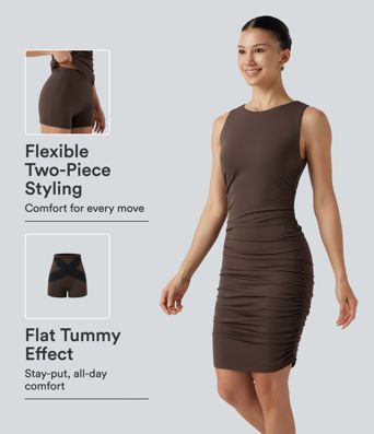 SoftlyZero™ Airy Round Neck Sleeveless Ruched Built-in Bra 2-Piece InstantCool Casual Bodycon Dress with Tummy Control Shorts SoftlyZero™ Airy Round Neck Sleeveless Ruched Built-in Bra 2-Piece InstantCool Casual Bodycon Dress with Tummy Control Shorts