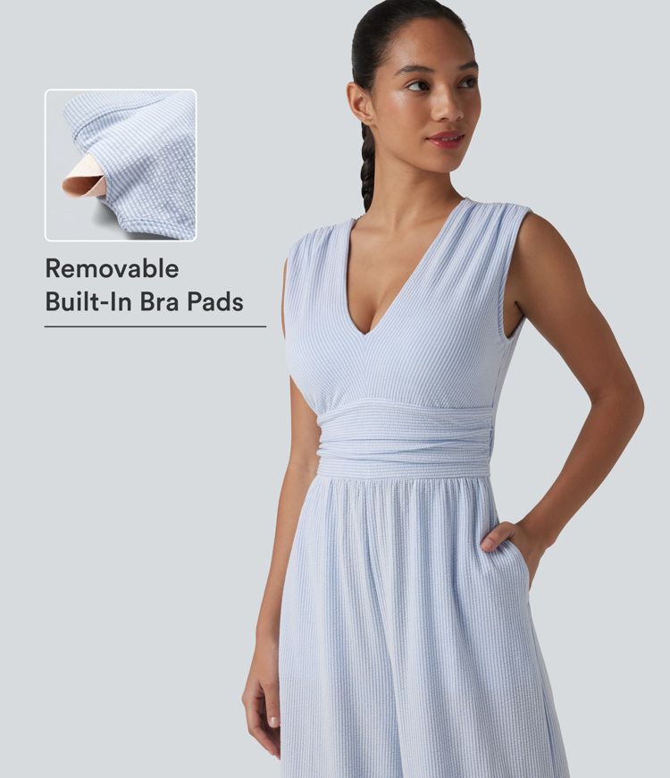 V Neck Sleeveless Built-in Bra Stripe Casual Jumpsuit with Pockets-Easy Peezy Edition V Neck Sleeveless Built-in Bra Stripe Casual Jumpsuit with Pockets-Easy Peezy Edition