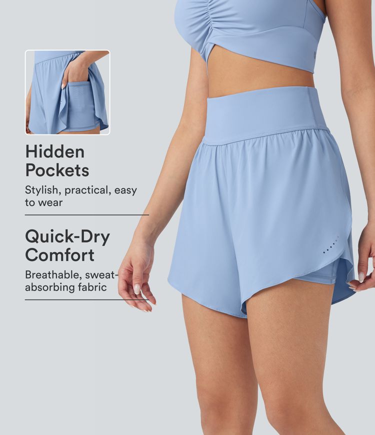 SoftlyZero™ QuickDry High Waisted Tummy Control Reflective Dots Crossover Hem 2-in-1 Running Shorts 5'' with Pockets SoftlyZero™ QuickDry High Waisted Tummy Control Reflective Dots Crossover Hem 2-in-1 Running Shorts 5'' with Pockets