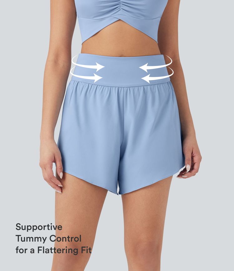 SoftlyZero™ QuickDry High Waisted Tummy Control Reflective Dots Crossover Hem 2-in-1 Running Shorts 5'' with Pockets SoftlyZero™ QuickDry High Waisted Tummy Control Reflective Dots Crossover Hem 2-in-1 Running Shorts 5'' with Pockets