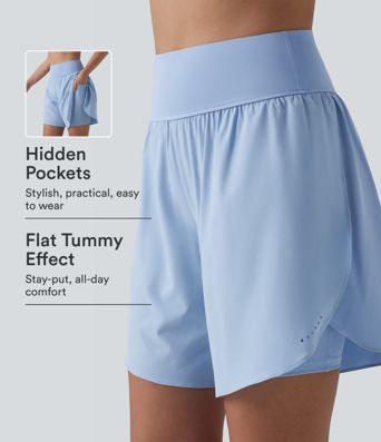 SoftlyZero™ QuickDry 2 viename bėgimo šortai 7'' su aukštu liemeniu, pilvo kontrole, atspindinčiais taškeliais, persidengiančia apačia ir kišenėmis