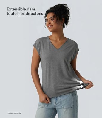 T-shirt décontracté chiné ample à manches courtes et col V