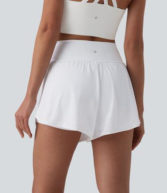 High Waisted Tummy Control Reflective Dots Crossover Curved Hem 2-in-1 Eyelet Yoga Shorts with Pockets