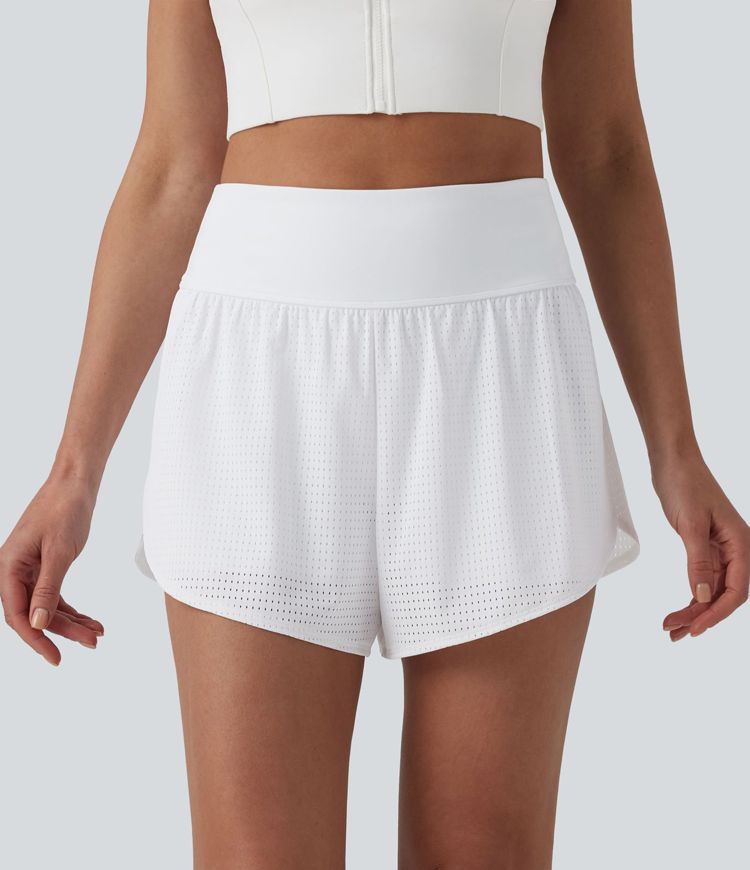 High Waisted Tummy Control Reflective Dots Crossover Curved Hem 2-in-1 Eyelet Yoga Shorts with Pockets