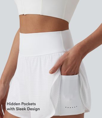 High Waisted Tummy Control Reflective Dots Crossover Curved Hem 2-in-1 Eyelet Yoga Shorts with Pockets