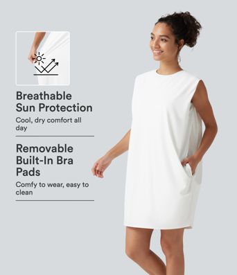 Round Neck Sleeveless Built-in Bra InstantCool Mini Yoga Active Dress with Pockets-UPF50+