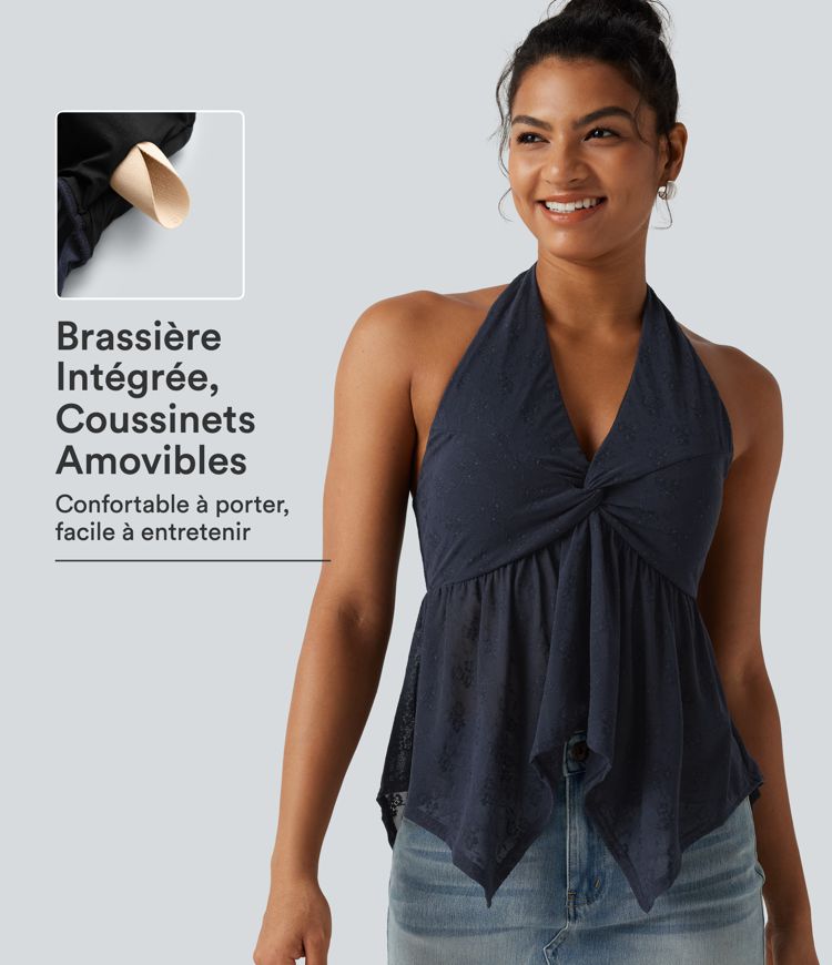 Chemisier casual en dentelle dos nu ourlet à volants avec brassière intégrée Chemisier casual en dentelle dos nu ourlet à volants avec brassière intégrée