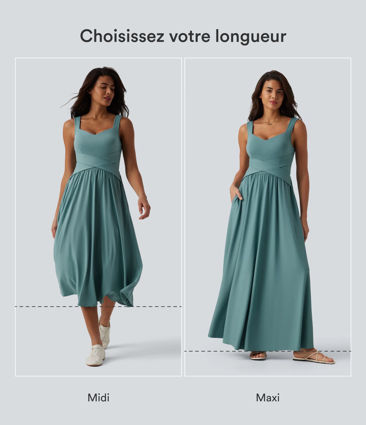 Robe midi fluide sans manches dos croisé, avec brassière intégrée (Bonnets E-G) et poches