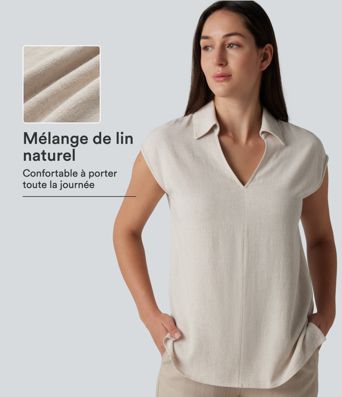 Chemisier tailleur en mélange de lin col V sans manches avec ourlet fendu