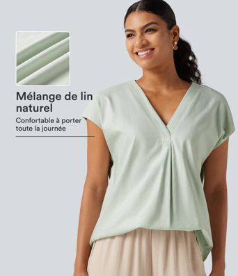 Blouse décontractée col V à mancherons en coton et lin