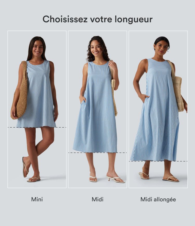 Robe débardeur midi décontractée col rond sans manches en vichy froissé avec poches Robe débardeur midi décontractée col rond sans manches en vichy froissé avec poches