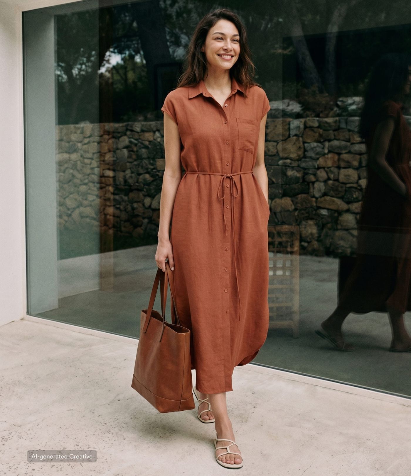 Collar Cap Sleeve Belted Curved Split Hem Midi Casual Shirt Dress with Pockets