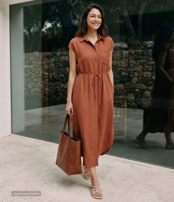 Collar Cap Sleeve Belted Curved Split Hem Midi Casual Shirt Dress with Pockets