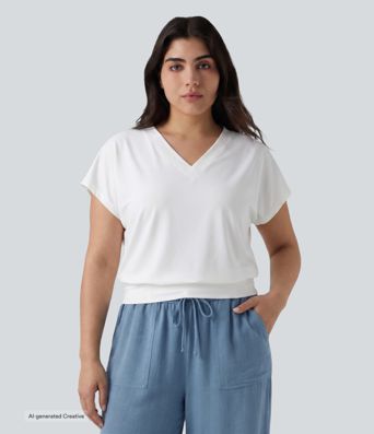 Plus Size V Neck Short Sleeve Oversized Cool Touch Quick Dry Yoga Sports Top