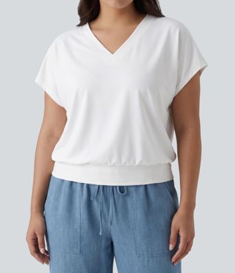Plus Size V Neck Short Sleeve Oversized Cool Touch Quick Dry Yoga Sports Top