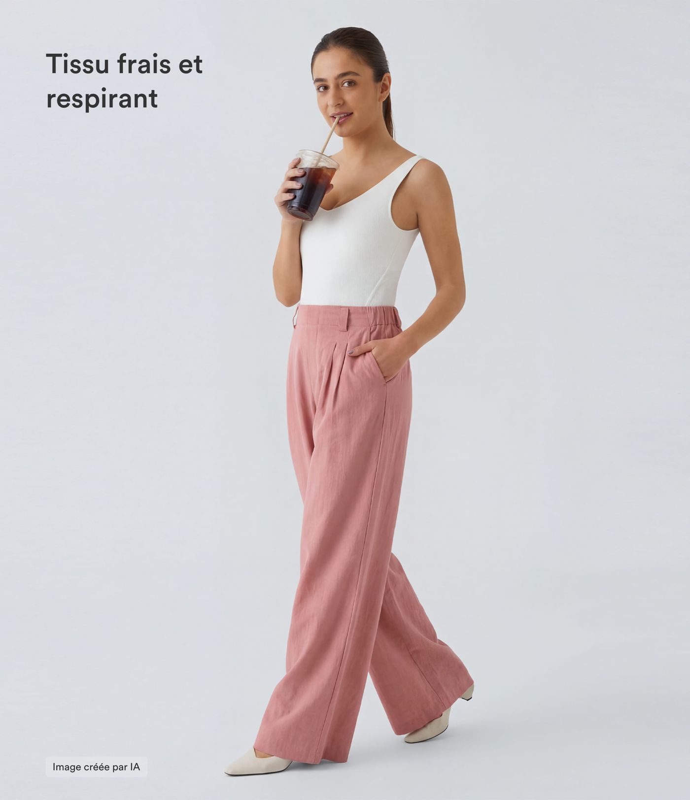 Pantalon Fluide Large Taille Haute Poches Latérales Palazzo Solide Casual Linen-Feel Pantalon Fluide Large Taille Haute Poches Latérales Palazzo Solide Casual Linen-Feel