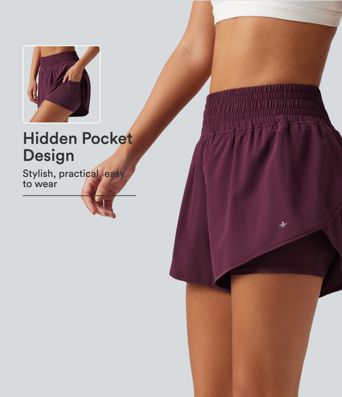 Breezeful™ High Waisted 2-in-1 Crossover Curved Hem Quick Dry Running Shorts 3'' with Pockets Breezeful™ High Waisted 2-in-1 Crossover Curved Hem Quick Dry Running Shorts 3'' with Pockets