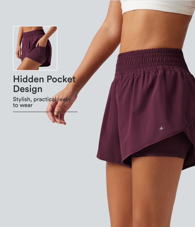 Breezeful™ High Waisted 2-in-1 Crossover Curved Hem Quick Dry Running Shorts 3'' with Pockets Breezeful™ High Waisted 2-in-1 Crossover Curved Hem Quick Dry Running Shorts 3'' with Pockets
