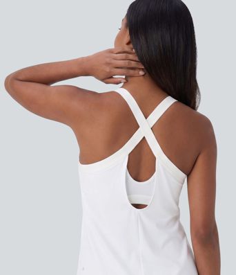 Rückenfreies Yoga-Tanktop mit U-Ausschnitt, überkreuzten Trägern und abgerundetem Saum Rückenfreies Yoga-Tanktop mit U-Ausschnitt, überkreuzten Trägern und abgerundetem Saum