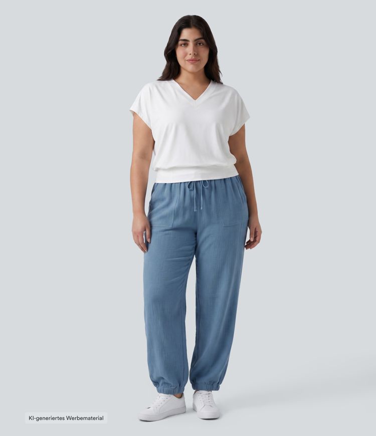 Oversized Yoga-Sport-Top mit V-Ausschnitt, kurzen Ärmeln und Cool-Touch - Plus-Size, schnelltrocknend