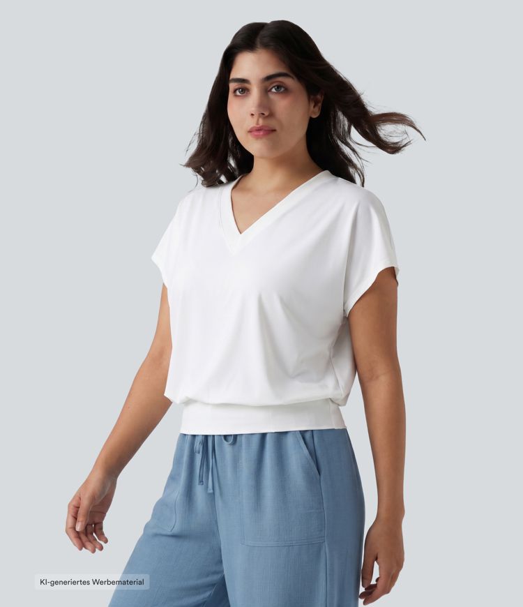 Oversized Yoga-Sport-Top mit V-Ausschnitt, kurzen Ärmeln und Cool-Touch - Plus-Size, schnelltrocknend
