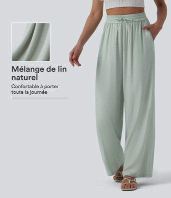 Pantalon casual large mélange lin taille haute avec cordon de serrage et poches Pantalon casual large mélange lin taille haute avec cordon de serrage et poches