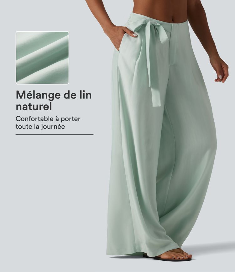 Pantalon large fluide taille haute en lin mélangé avec poches et liens latéraux Pantalon large fluide taille haute en lin mélangé avec poches et liens latéraux