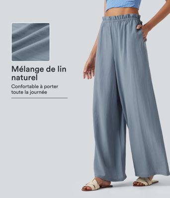 Pantalon baggy fluide casual en mélange de lin taille mi-haute à volants avec cordon et poches