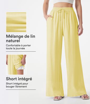Pantalon large 2-en-1 casual en mélange de lin taille haute avec cordon et poches Pantalon large 2-en-1 casual en mélange de lin taille haute avec cordon et poches