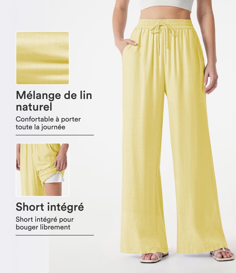 Pantalon large 2-en-1 casual en mélange de lin taille haute avec cordon et poches Pantalon large 2-en-1 casual en mélange de lin taille haute avec cordon et poches