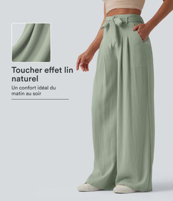 Pantalon casual ample taille haute aspect lin avec ceinture et poches Pantalon casual ample taille haute aspect lin avec ceinture et poches