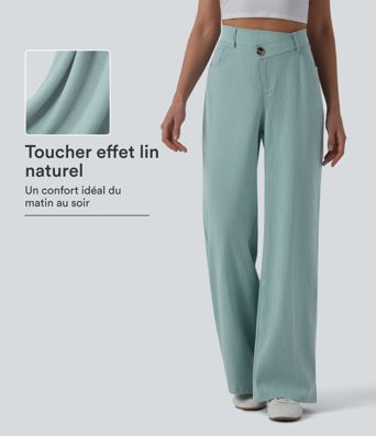 Pantalon large casual taille haute croisée aspect lin avec poches