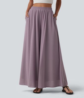High Waisted Pocket Mesh Overlay Wide Leg Casual Pants