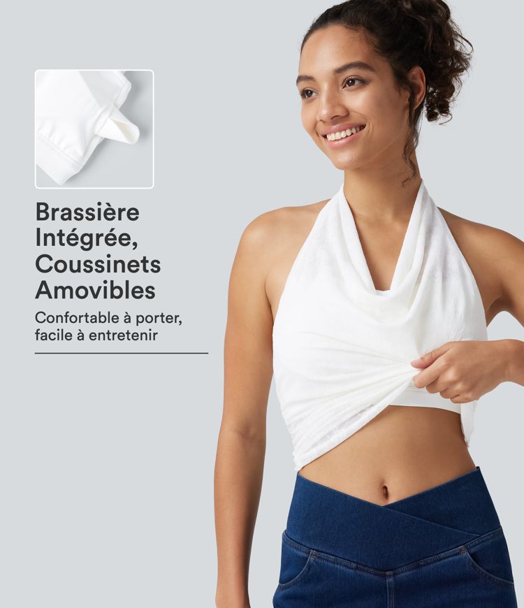 Débardeur décontracté dos nu à col bénitier, dentelle, détails froncés et coussinets amovibles Débardeur décontracté dos nu à col bénitier, dentelle, détails froncés et coussinets amovibles