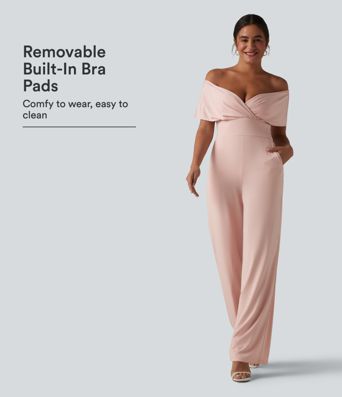 Schulterfreier, lässiger Jumpsuit mit integriertem BH, kurzen Ärmeln und Taschen Schulterfreier, lässiger Jumpsuit mit integriertem BH, kurzen Ärmeln und Taschen