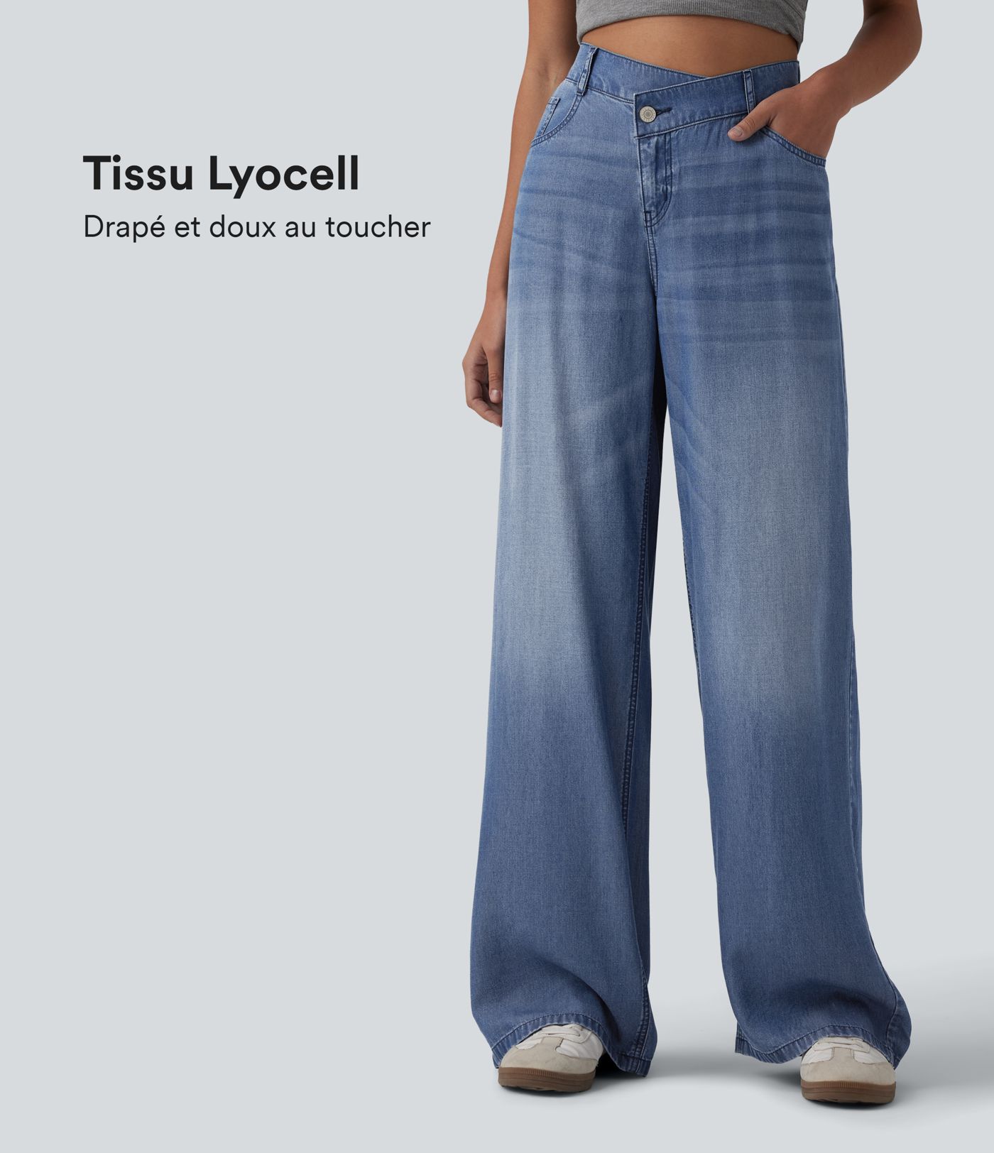 Jean large décontracté asymétrique en lyocell taille mi-haute drapé avec poches Jean large décontracté asymétrique en lyocell taille mi-haute drapé avec poches