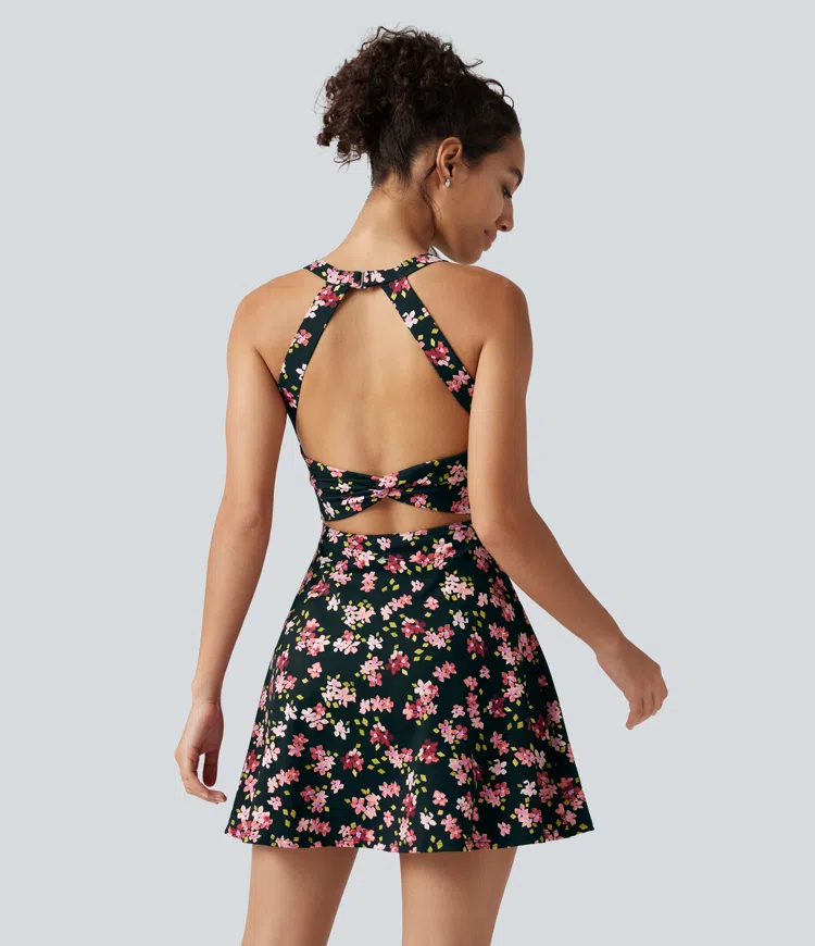 Robe active mini de danse 2-en-1 à petites fleurs, coussinets amovibles, poches et accès facile Easy Peasy