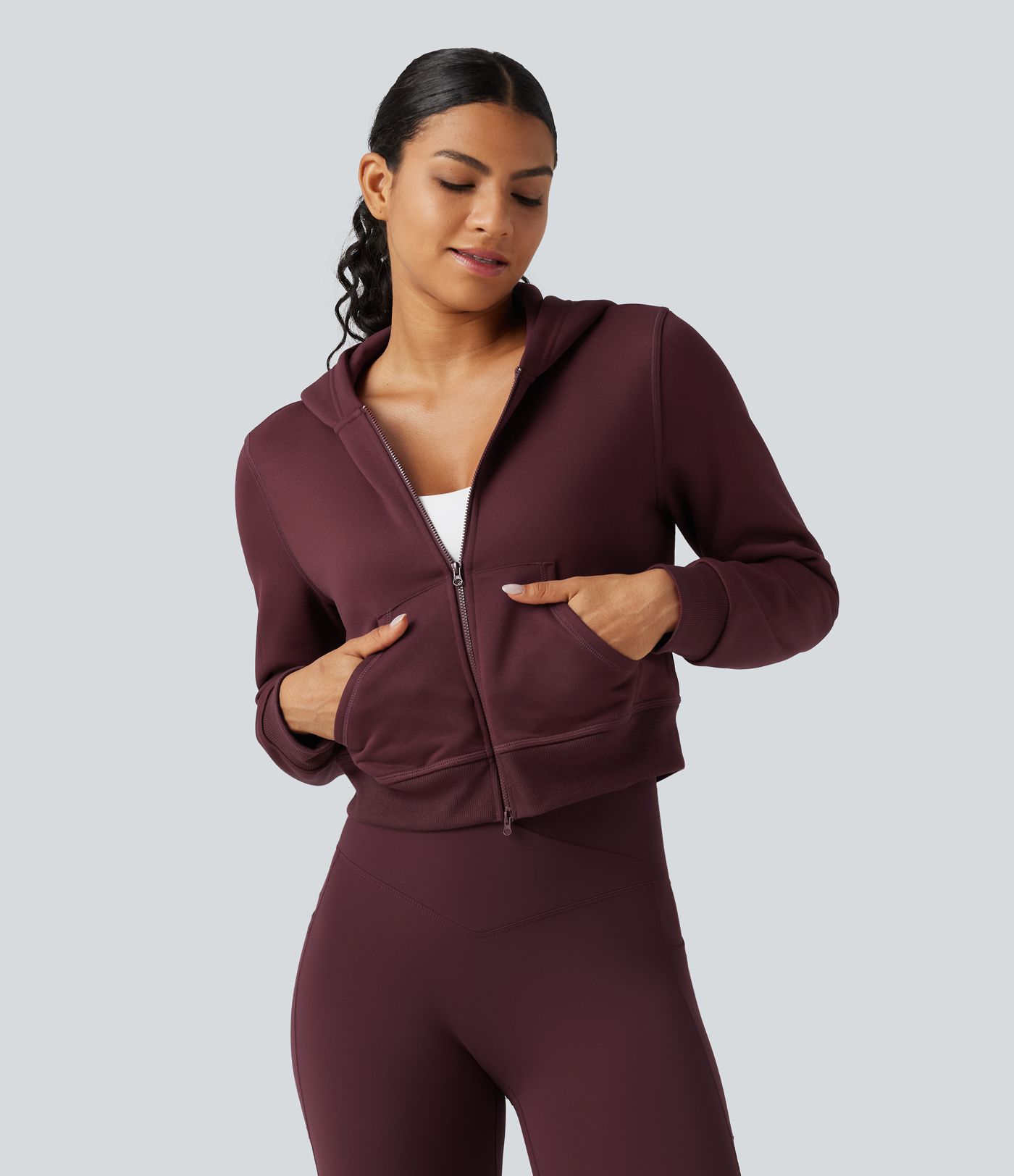 Hooded Long Sleeve Fleece Workout Jacket with Pockets Hooded Long Sleeve Fleece Workout Jacket with Pockets