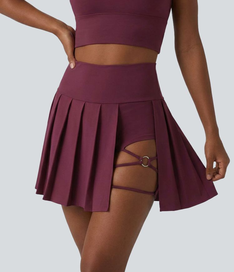 Breezeful™ High Waisted Pleated 2-in-1 Asymmetric Hem Quick Dry Mini Dance Skirt with Pockets-Longer Length Breezeful™ High Waisted Pleated 2-in-1 Asymmetric Hem Quick Dry Mini Dance Skirt with Pockets-Longer Length
