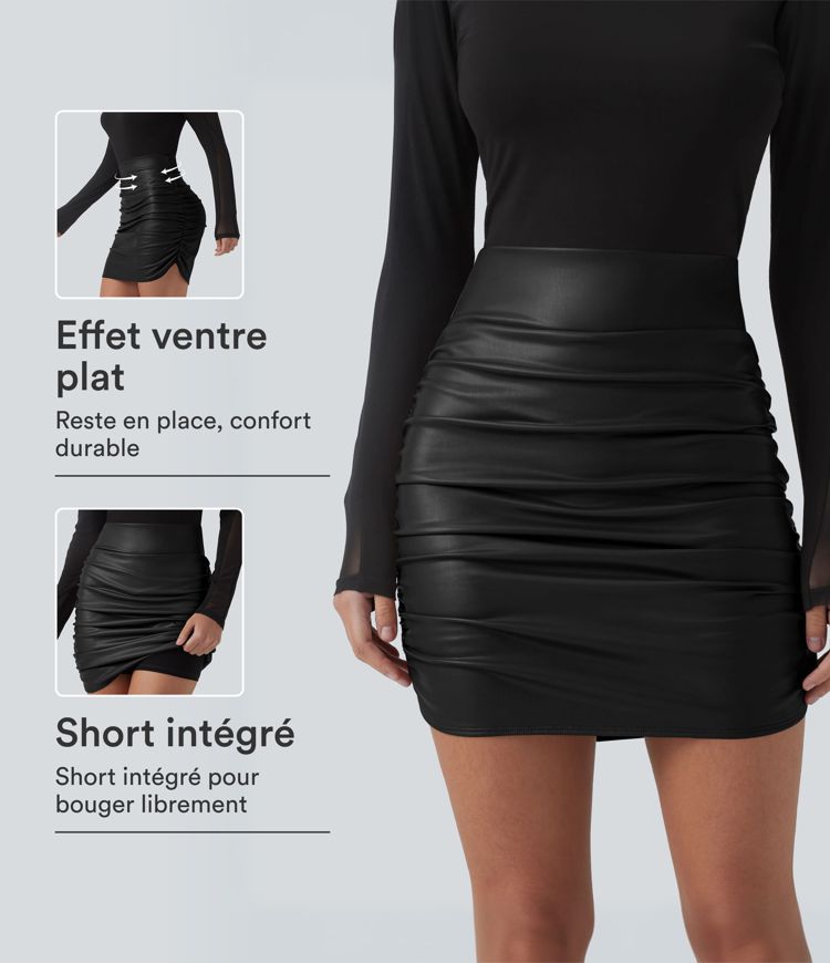 Jupe mini moulante 2-en-1 en molleton et tissu enduit taille haute gainante avec fronces et ourlet arrondi - Longueur plus longue Jupe mini moulante 2-en-1 en molleton et tissu enduit taille haute gainante avec fronces et ourlet arrondi - Longueur plus longue