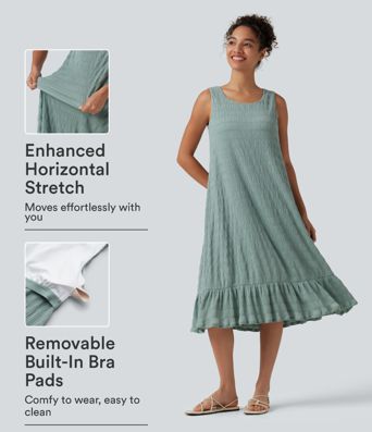 Round Neck Built-in Bra Sleeveless Ruffle Hem Midi Casual Dress